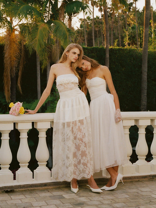 Nana Jacqueline Amelie White Lace Strapless Satin Dress White