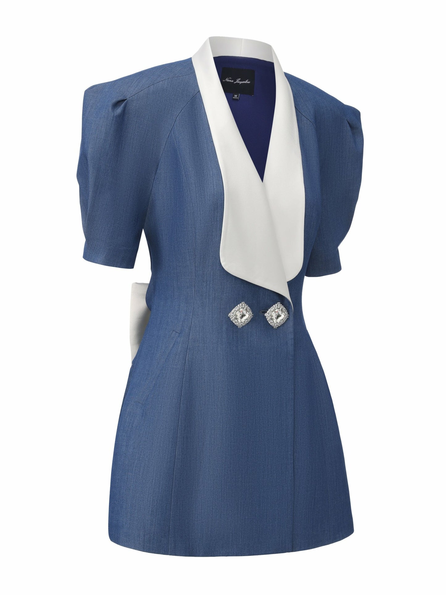 Nana Jacqueline Alia Puff Sleeve Contrast Lapel Blue Dress Blue