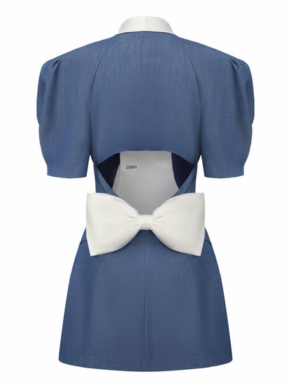 Nana Jacqueline Alia Puff Sleeve Contrast Lapel Blue Dress Blue