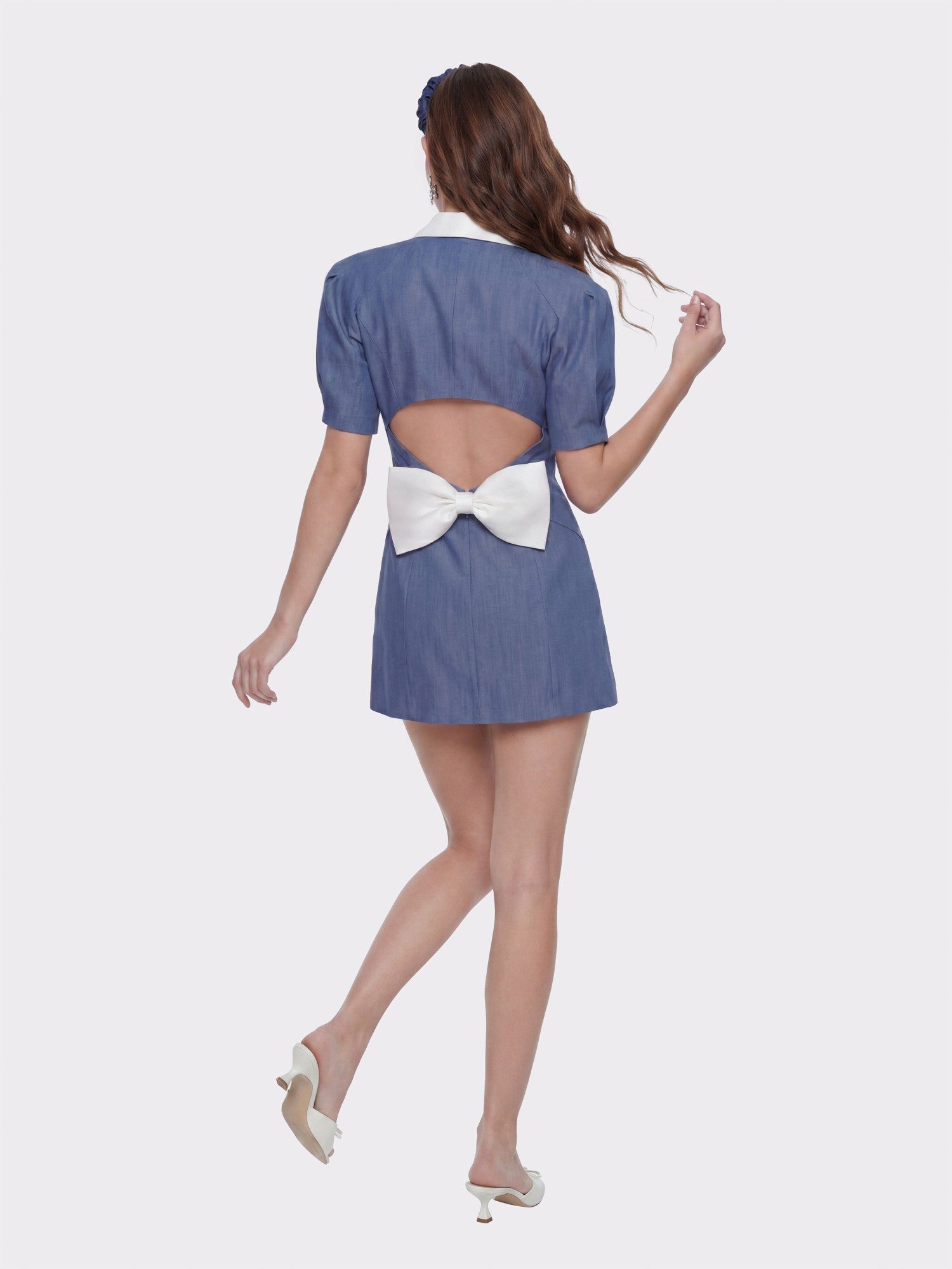 Nana Jacqueline Alia Puff Sleeve Contrast Lapel Blue Dress Blue