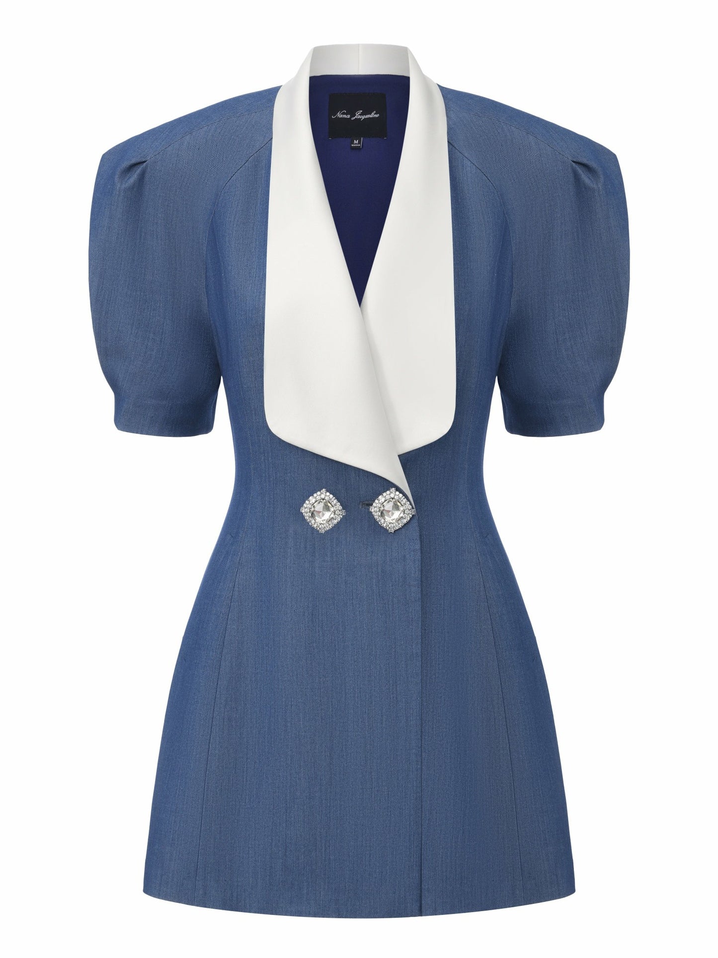Nana Jacqueline Alia Puff Sleeve Contrast Lapel Blue Dress Blue