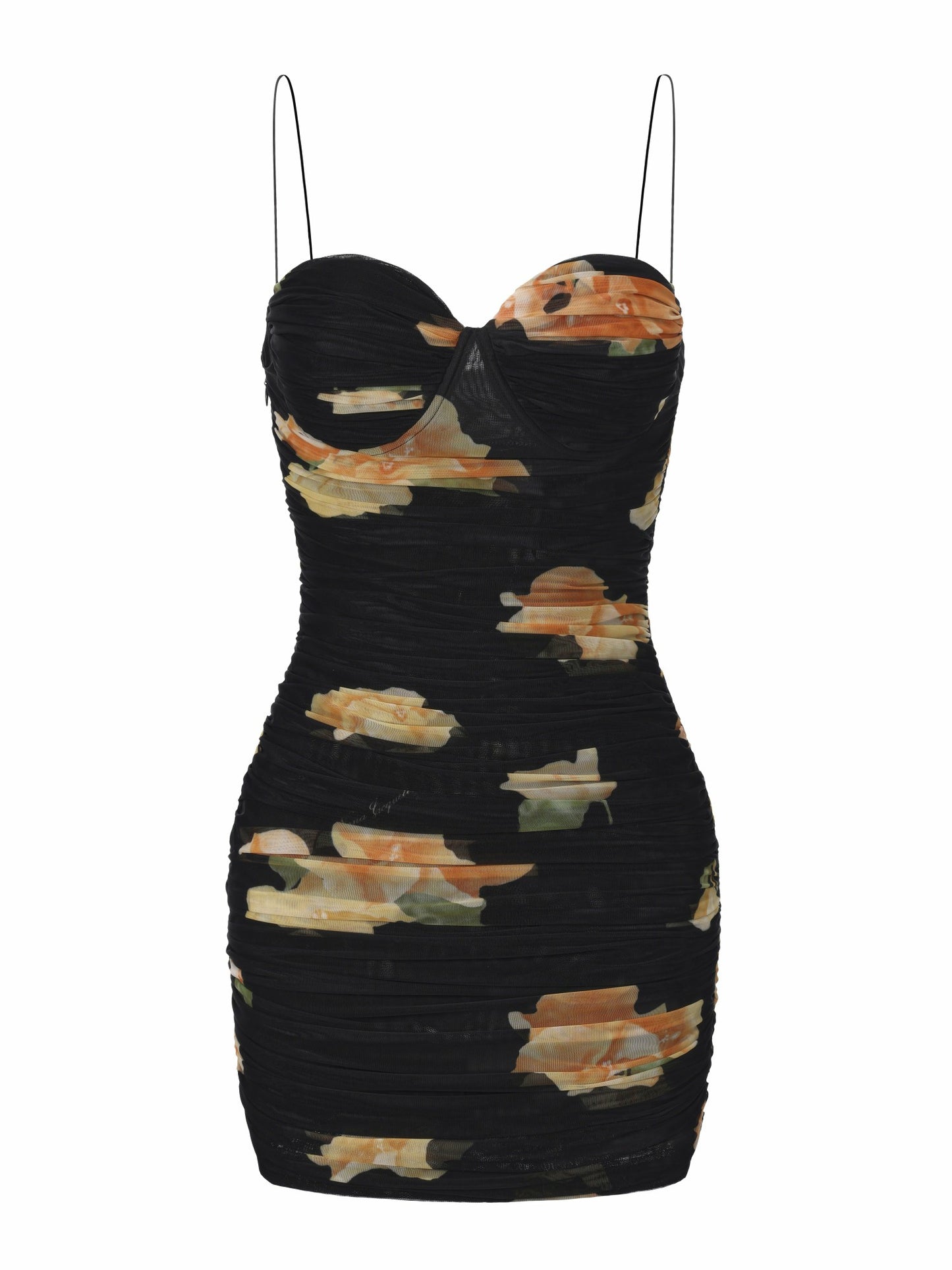 Nana Jacqueline Gia Ruched Mesh Black Floral Dress Black
