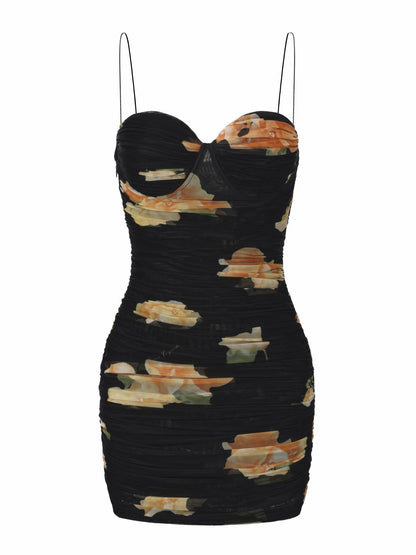 Nana Jacqueline Gia Ruched Mesh Black Floral Dress Black