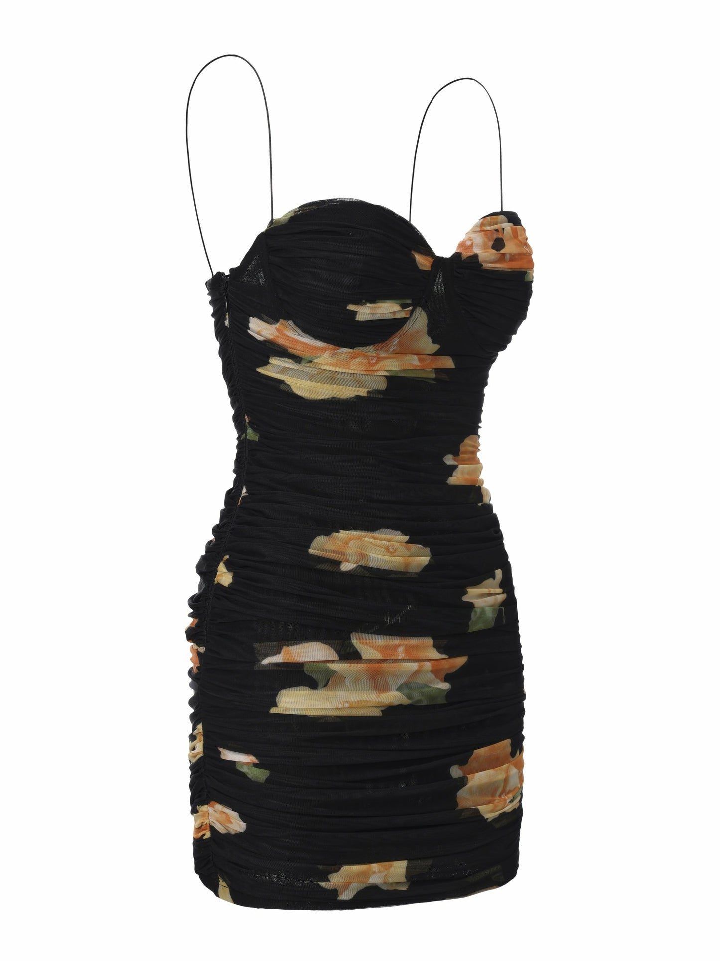 Nana Jacqueline Gia Ruched Mesh Black Floral Dress Black
