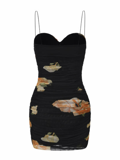 Nana Jacqueline Gia Ruched Mesh Black Floral Dress Black