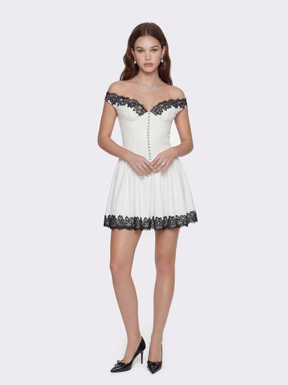 Nana Jacqueline Isabela Lace Trim Off-Shoulder Fitted Mini Dress White