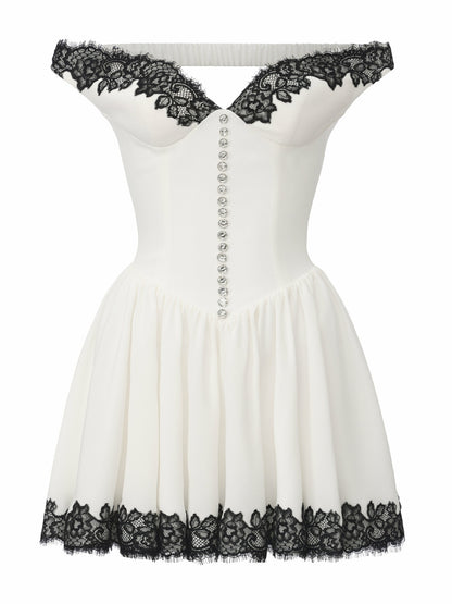 Nana Jacqueline Isabela Lace Trim Off-Shoulder Fitted Mini Dress White