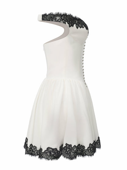 Nana Jacqueline Isabela Lace Trim Off-Shoulder Fitted Mini Dress White