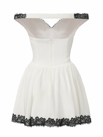 Nana Jacqueline Isabela Lace Trim Off-Shoulder Fitted Mini Dress White