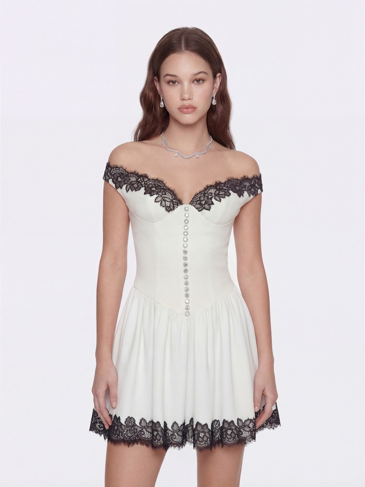 Nana Jacqueline Isabela Lace Trim Off-Shoulder Fitted Mini Dress White