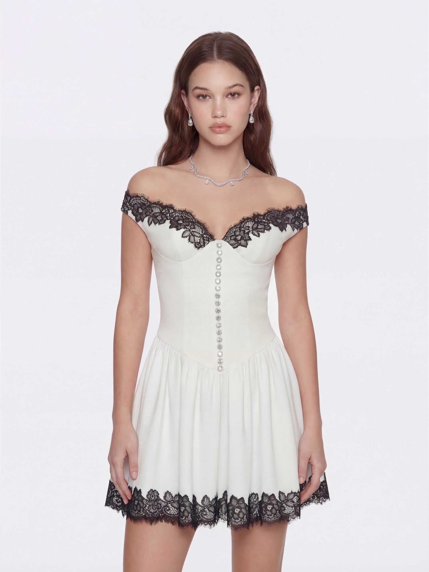 Nana Jacqueline Isabela Lace Trim Off-Shoulder Fitted Mini Dress White