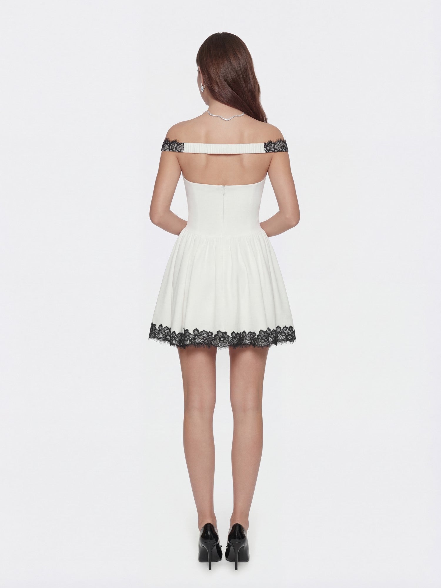 Nana Jacqueline Isabela Lace Trim Off-Shoulder Fitted Mini Dress White