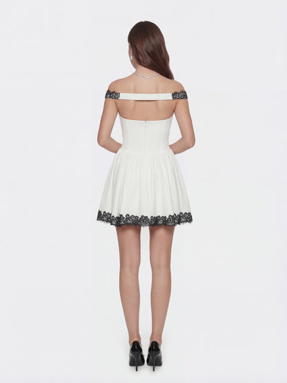 Nana Jacqueline Isabela Lace Trim Off-Shoulder Fitted Mini Dress White