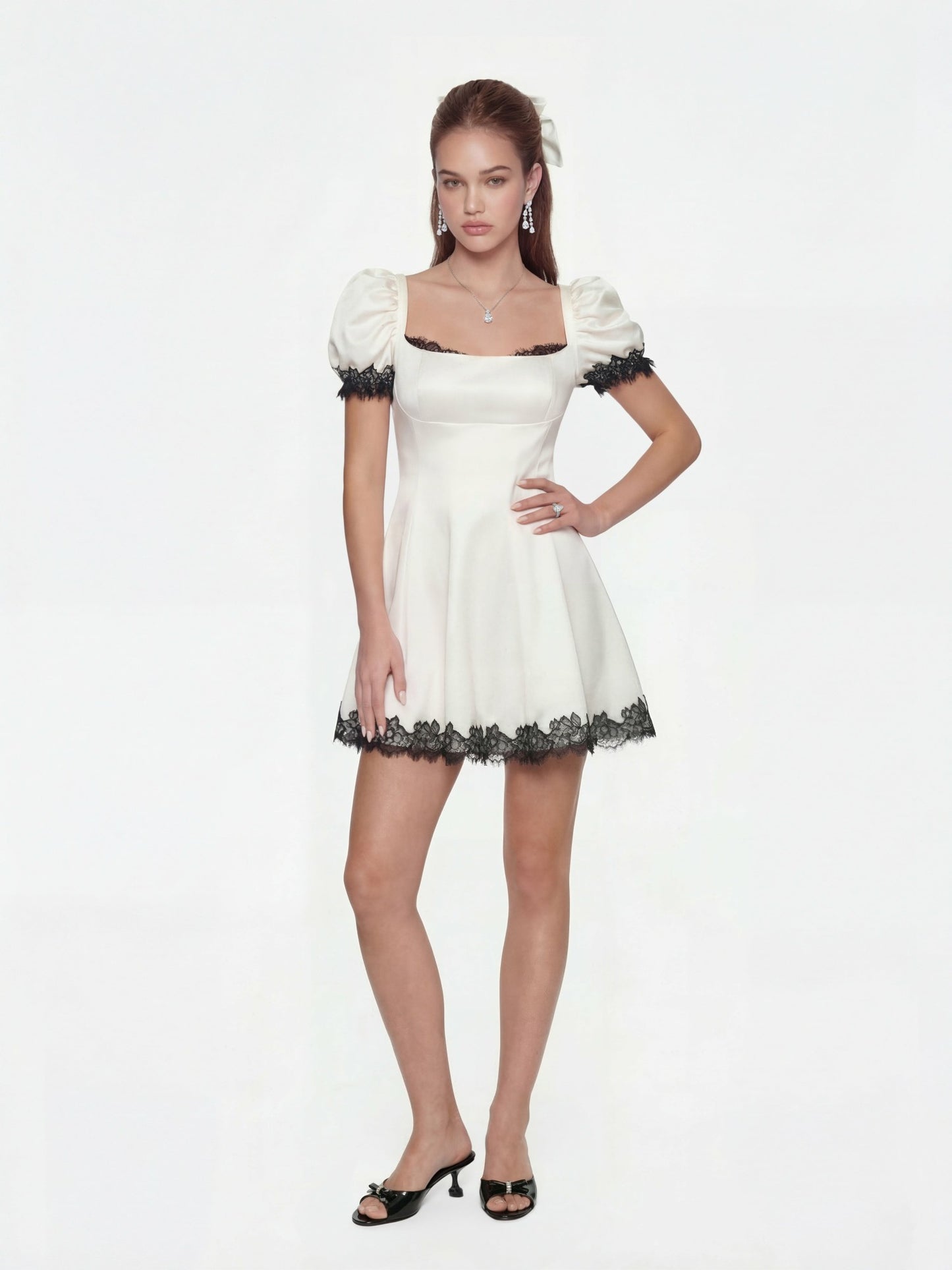 Nana Jacqueline Natalia Puff Sleeve White Satin Mini Dress White