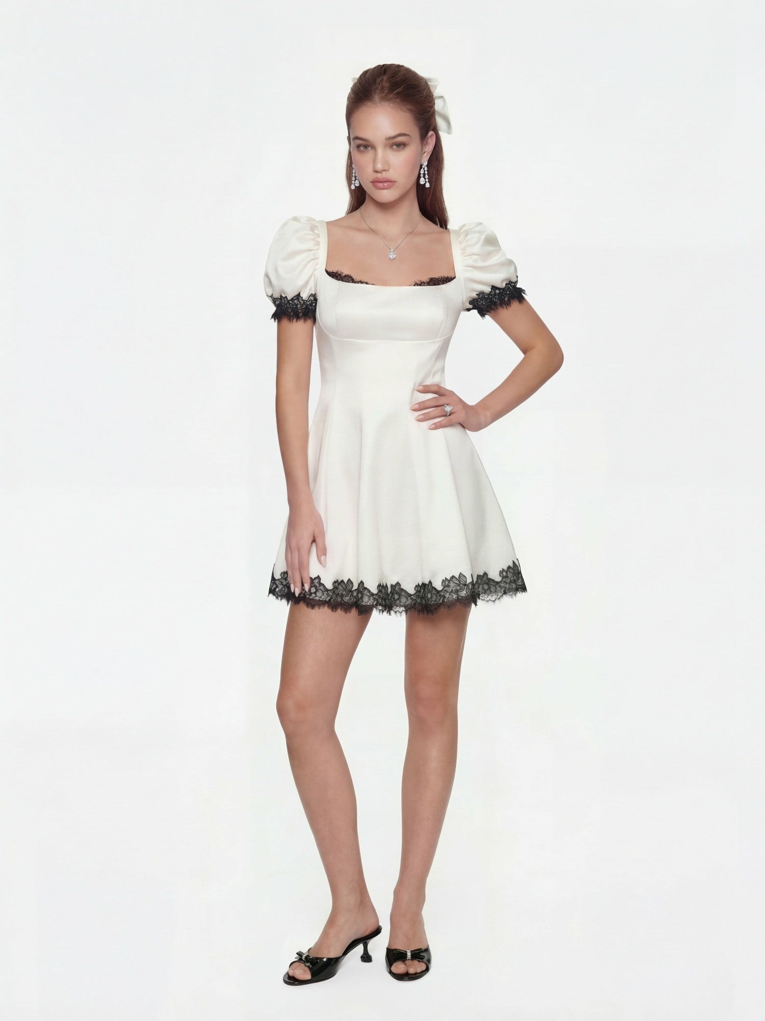 Nana Jacqueline Natalia Puff Sleeve White Satin Mini Dress White