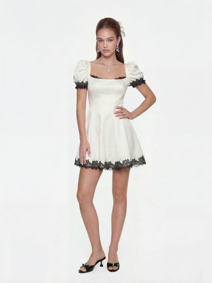 Nana Jacqueline Natalia Puff Sleeve White Satin Mini Dress White