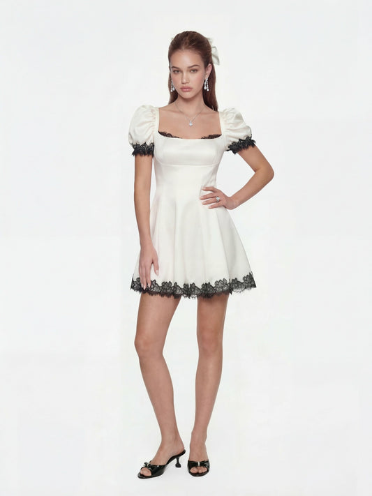Nana Jacqueline Natalia Puff Sleeve White Satin Mini Dress White