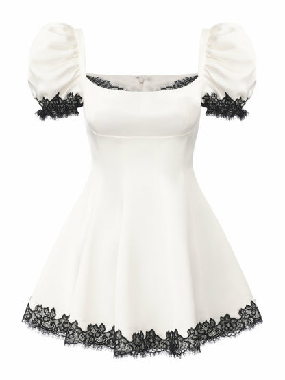 Nana Jacqueline Natalia Puff Sleeve White Satin Mini Dress White
