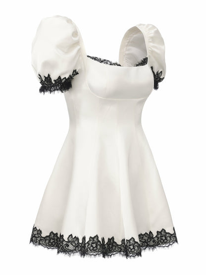 Nana Jacqueline Natalia Puff Sleeve White Satin Mini Dress White