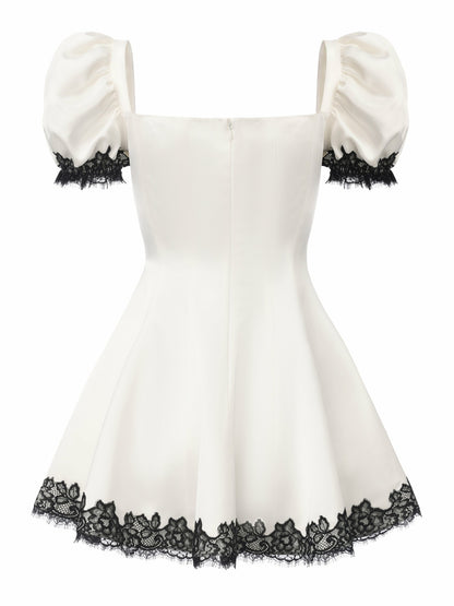 Nana Jacqueline Natalia Puff Sleeve White Satin Mini Dress White