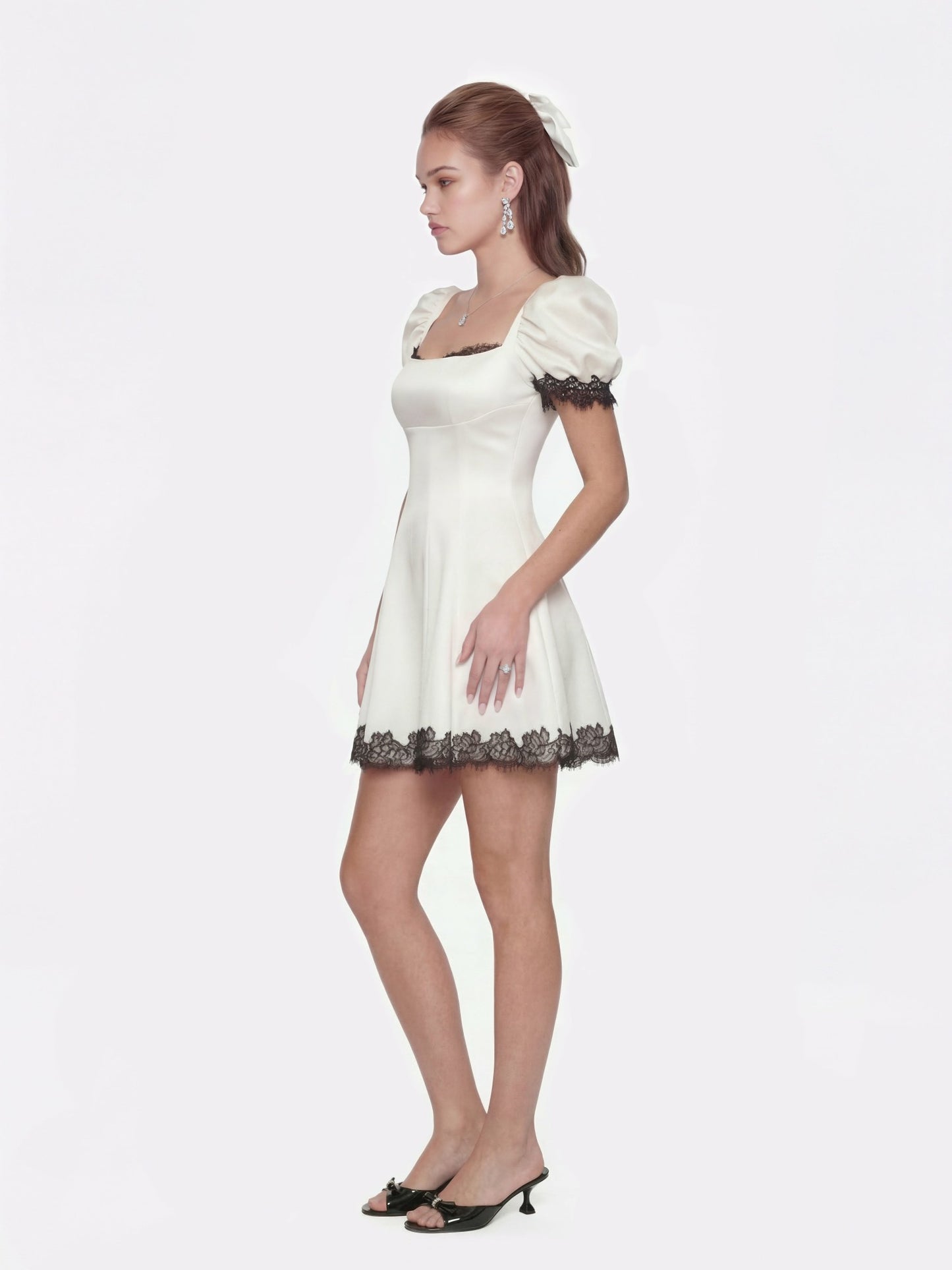Nana Jacqueline Natalia Puff Sleeve White Satin Mini Dress White