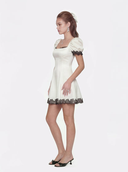 Nana Jacqueline Natalia Puff Sleeve White Satin Mini Dress White