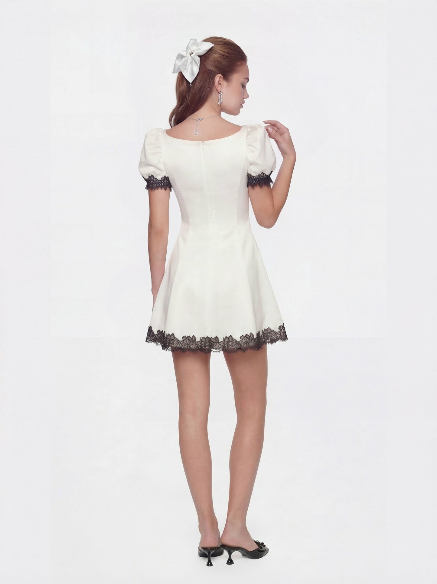 Nana Jacqueline Natalia Puff Sleeve White Satin Mini Dress White
