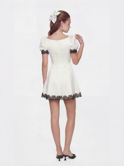 Nana Jacqueline Natalia Puff Sleeve White Satin Mini Dress White