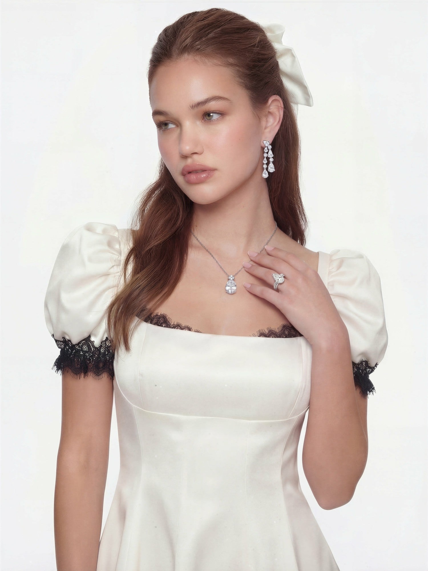 Nana Jacqueline Natalia Puff Sleeve White Satin Mini Dress White