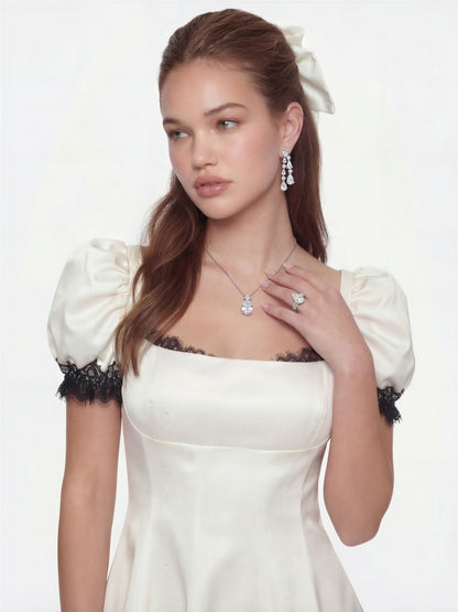 Nana Jacqueline Natalia Puff Sleeve White Satin Mini Dress White