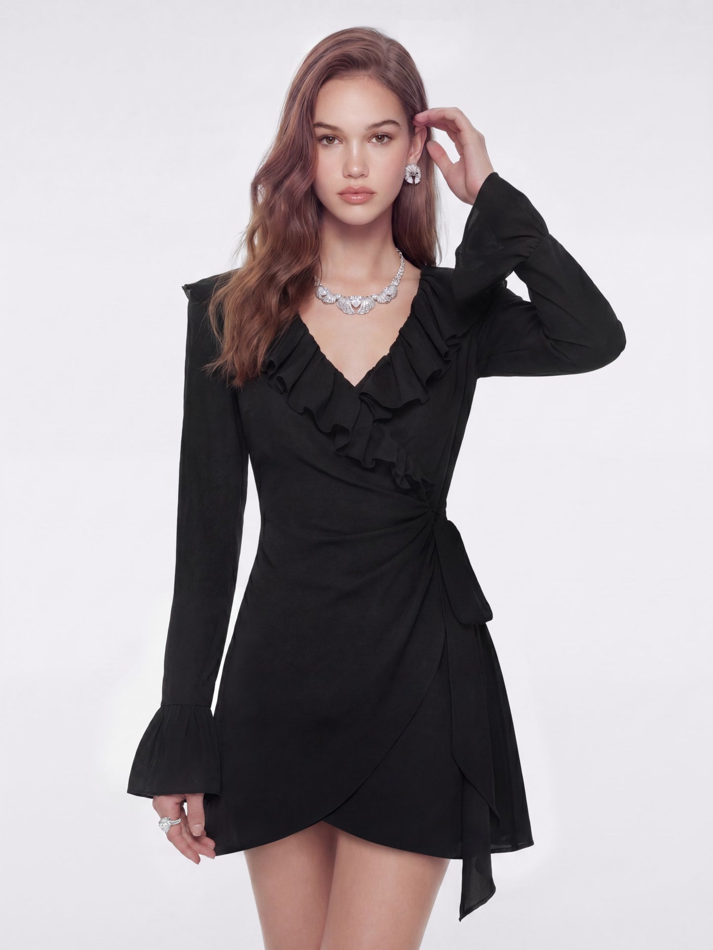 Nana Jacqueline Charlotte Ruffle V-Neck Black Dress Black