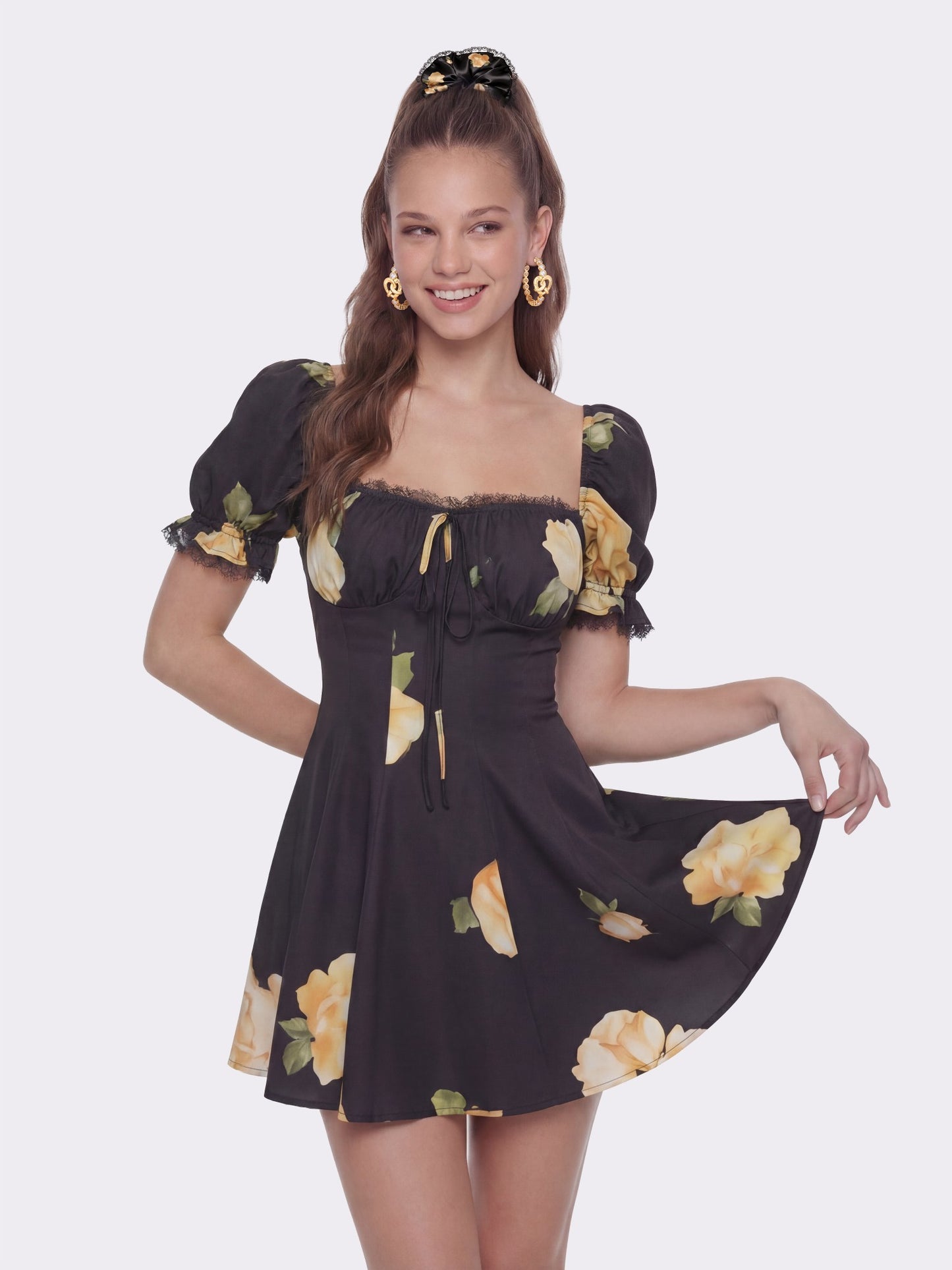 Nana Jacqueline Alira Puff Sleeve Ruched Black Dress Black