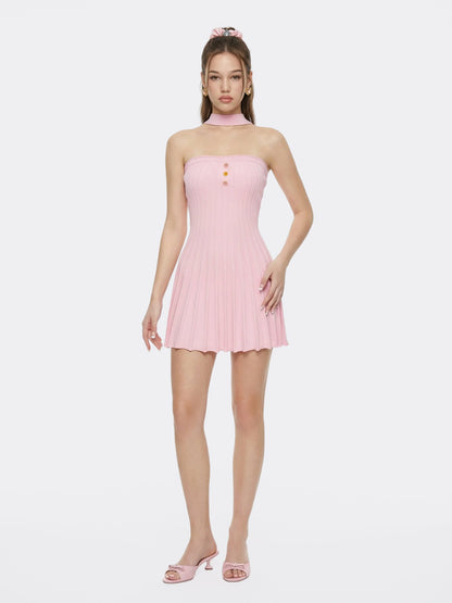 Nana Jacqueline Pink Reverse Halter Knit Flared Dress Pink