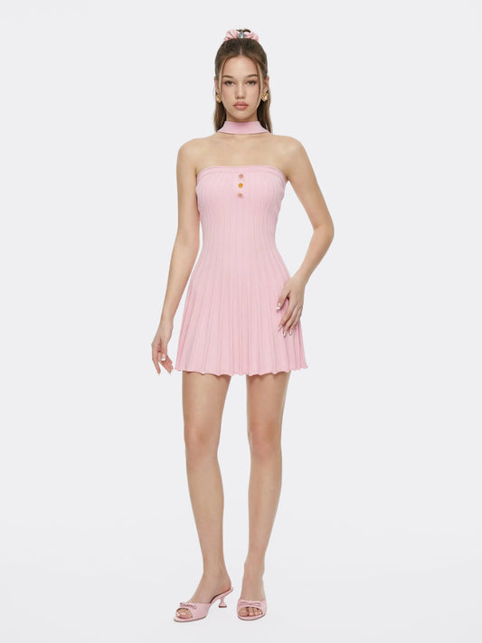 Nana Jacqueline Pink Reverse Halter Knit Flared Dress Pink