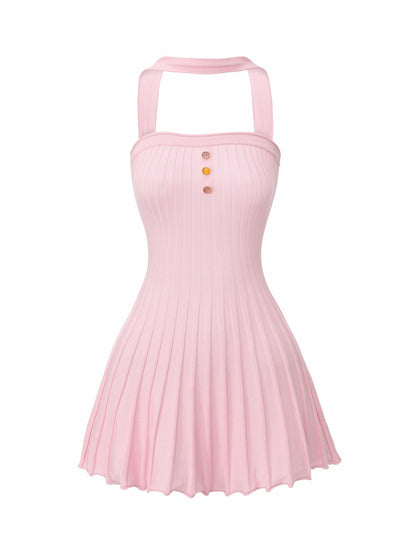 Nana Jacqueline Pink Reverse Halter Knit Flared Dress Pink