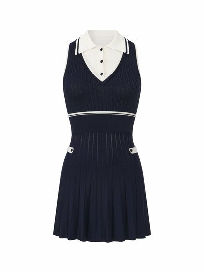 Nana Jacqueline Navy Colorblock Knit Dress with Faux Pleated Skirt Navy