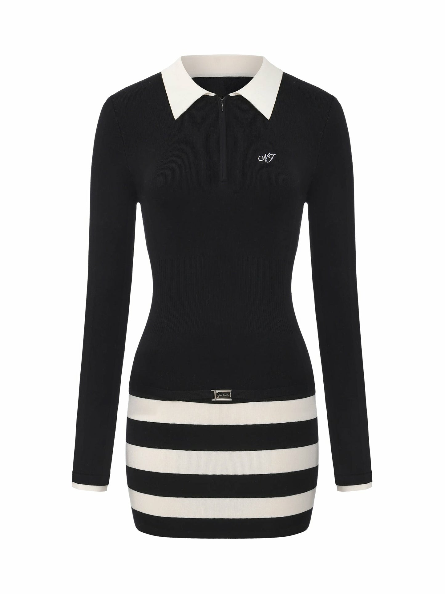 Nana Jacqueline Black Striped Knit Dress with Contrast Collar Black
