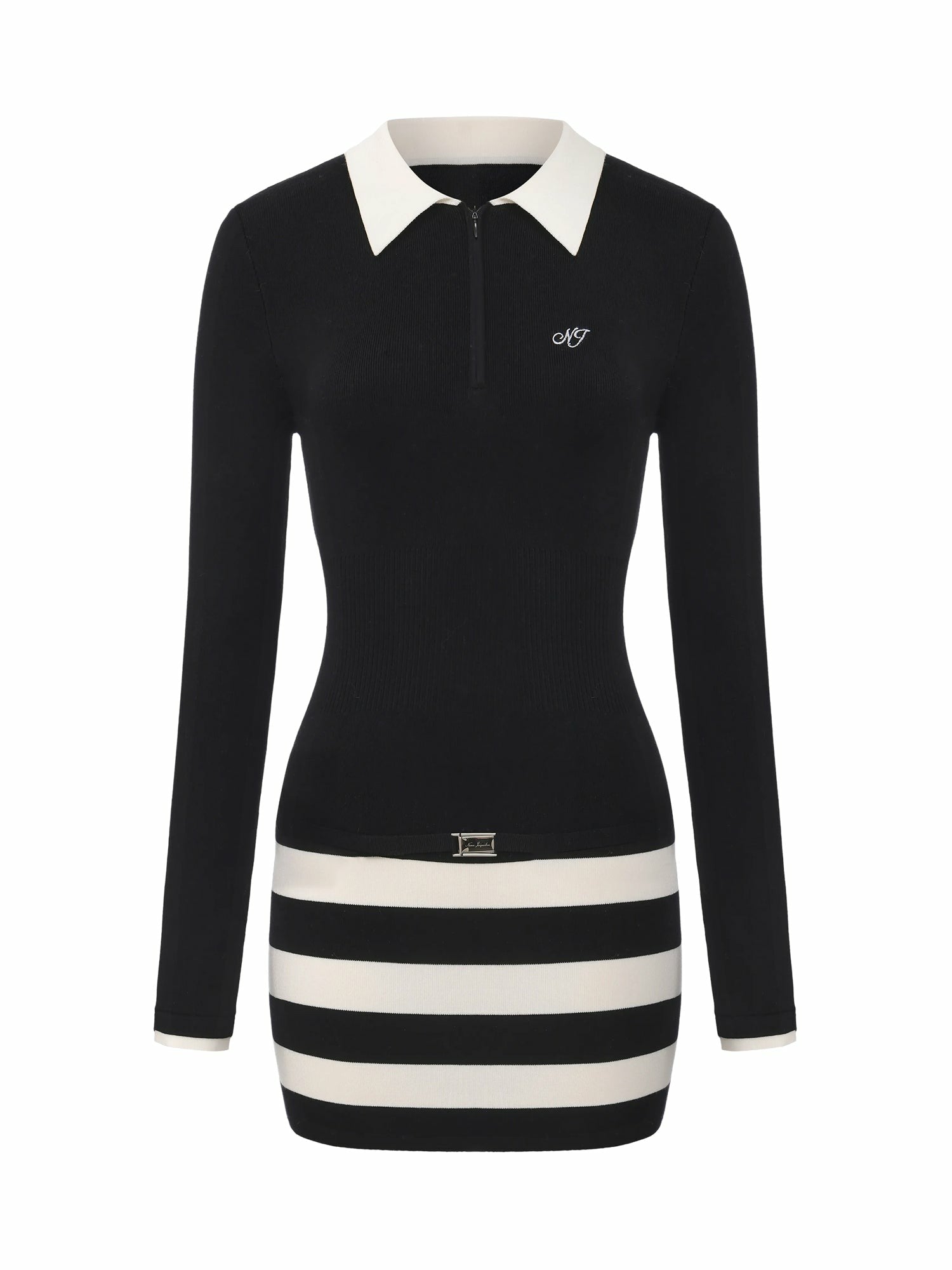 Nana Jacqueline Black Striped Knit Dress with Contrast Collar Black