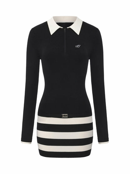 Nana Jacqueline Black Striped Knit Dress with Contrast Collar Black