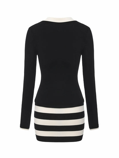 Nana Jacqueline Black Striped Knit Dress with Contrast Collar Black
