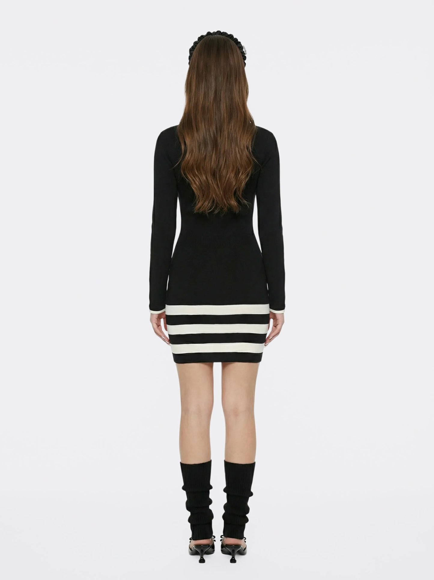 Nana Jacqueline Black Striped Knit Dress with Contrast Collar Black