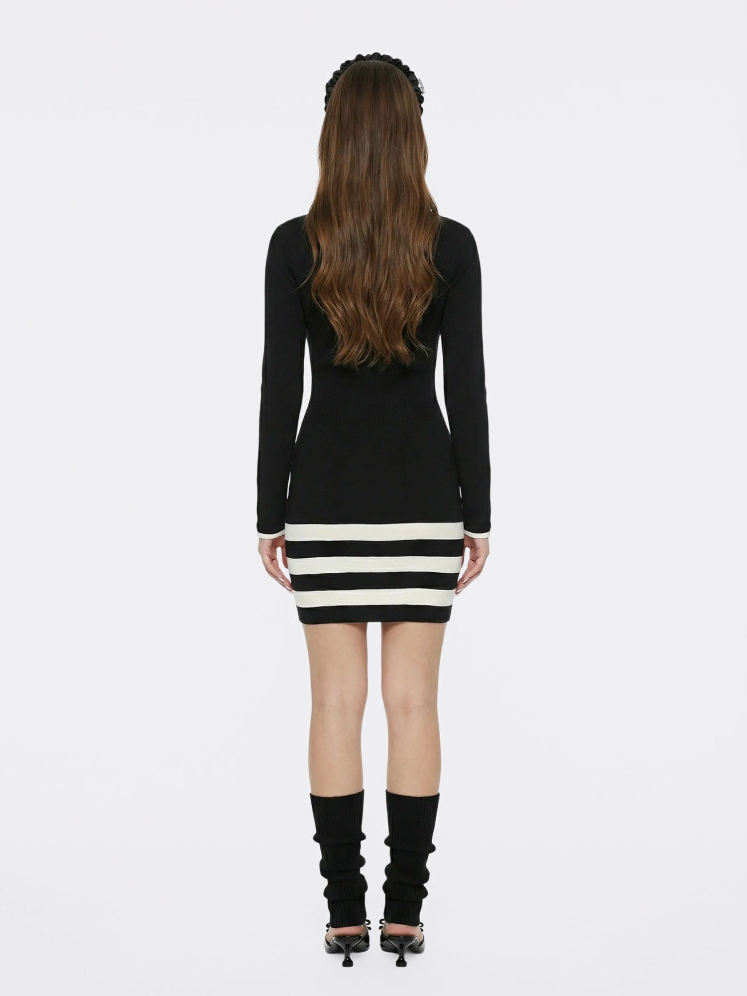 Nana Jacqueline Black Striped Knit Dress with Contrast Collar Black
