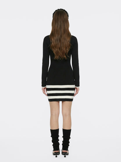 Nana Jacqueline Black Striped Knit Dress with Contrast Collar Black