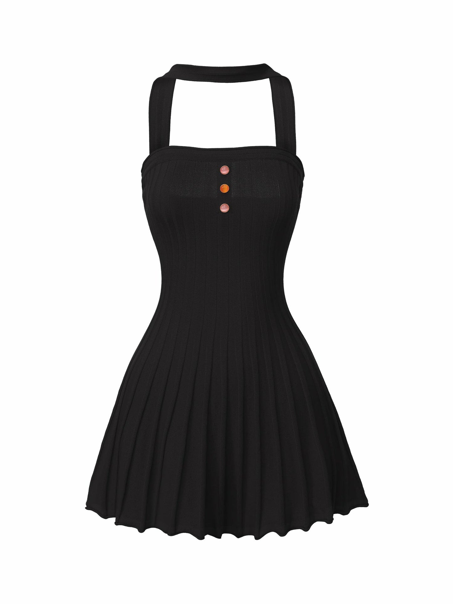 Nana Jacqueline Black Reverse Halter Knit Flared Dress Black