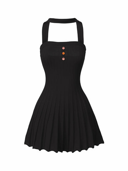 Nana Jacqueline Black Reverse Halter Knit Flared Dress Black