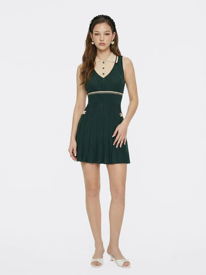 Nana Jacqueline Deep Green Colorblock Knit Dress with Faux Pleated Skirt Green