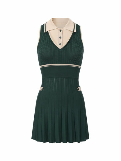 Nana Jacqueline Deep Green Colorblock Knit Dress with Faux Pleated Skirt Green