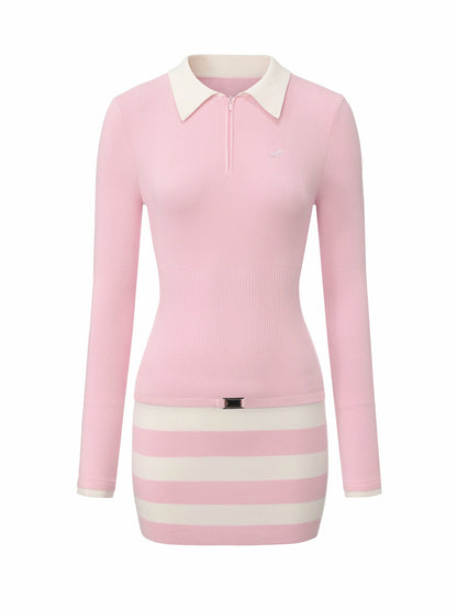 Nana Jacqueline Pink Striped Knit Dress with Contrast Collar Pink