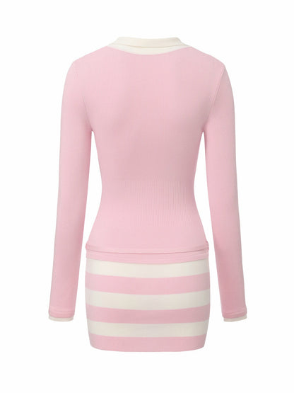 Nana Jacqueline Pink Striped Knit Dress with Contrast Collar Pink
