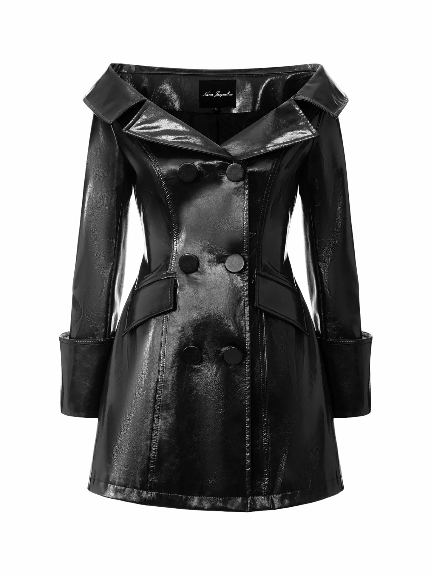 Nana Jacqueline Black Double-Breasted Vegan Leather Jacket Black